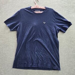 True Religion Men Shirt L Blue Buddha Guitar Short Sleeve Cotton Logo